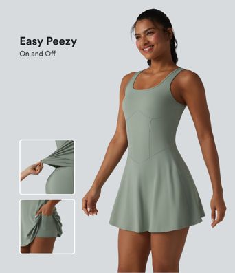 U Neck Sleeveless 2-in-1 Built-in Bra Mini Workout Active Dress with Pockets-Easy Peezy