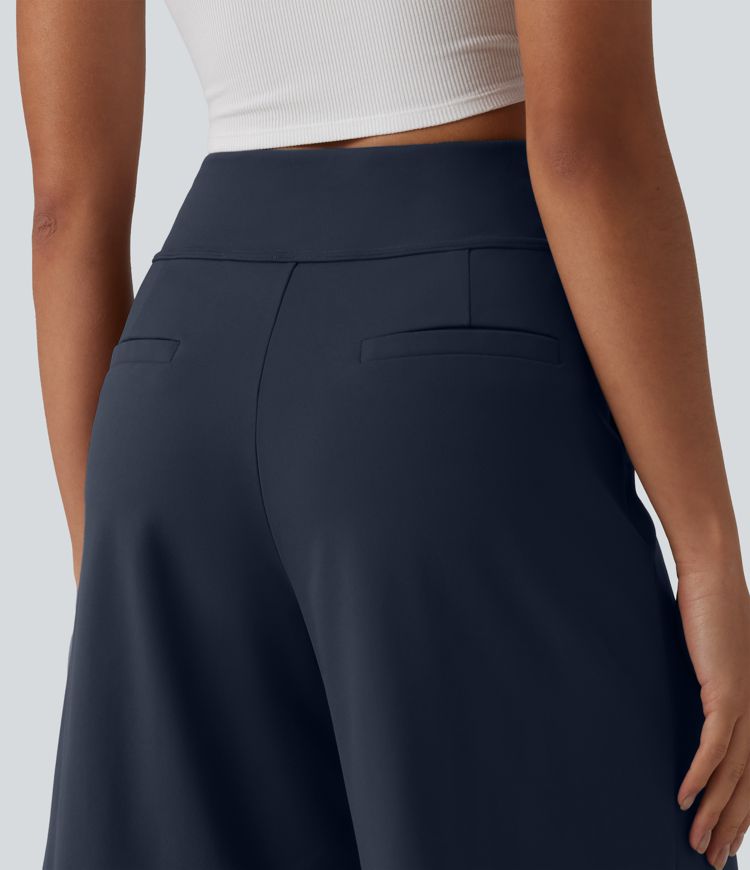 DayStretch High Waisted Pleated Work Bermuda Shorts 10'' with Pockets