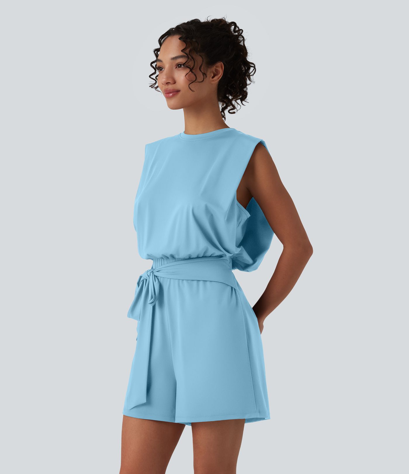 Round Neck Sleeveless Tie-front Cool Touch Casual Romper with Pockets-Easy Peezy-UPF50+