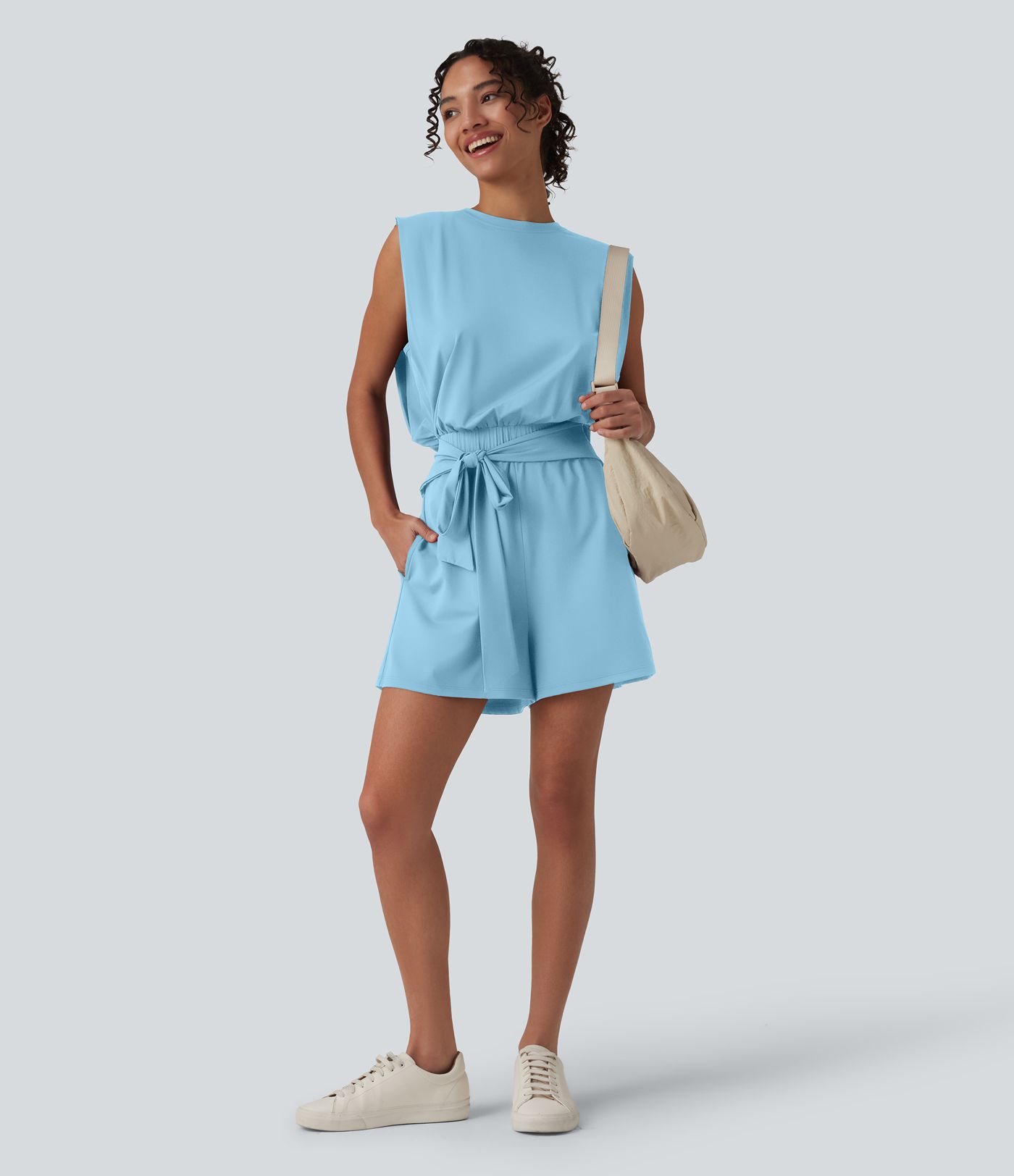 Round Neck Sleeveless Tie-front Cool Touch Casual Romper with Pockets-Easy Peezy-UPF50+