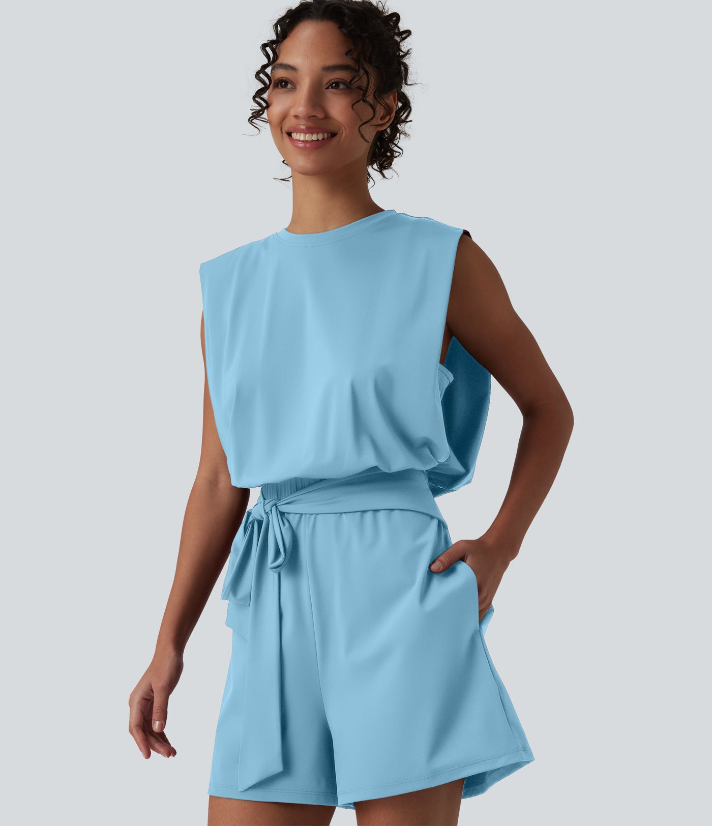 Round Neck Sleeveless Tie-front Cool Touch Casual Romper with Pockets-Easy Peezy-UPF50+