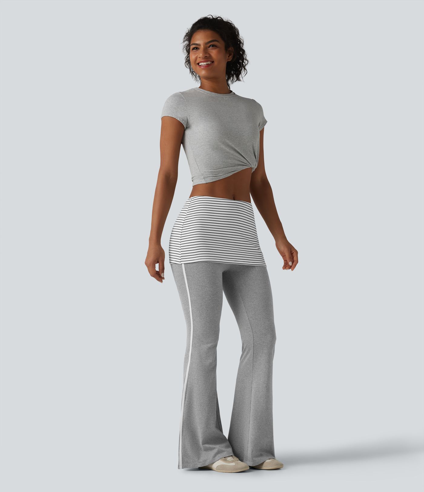 Foldover Mid Rise Stripe Flare Casual Pants