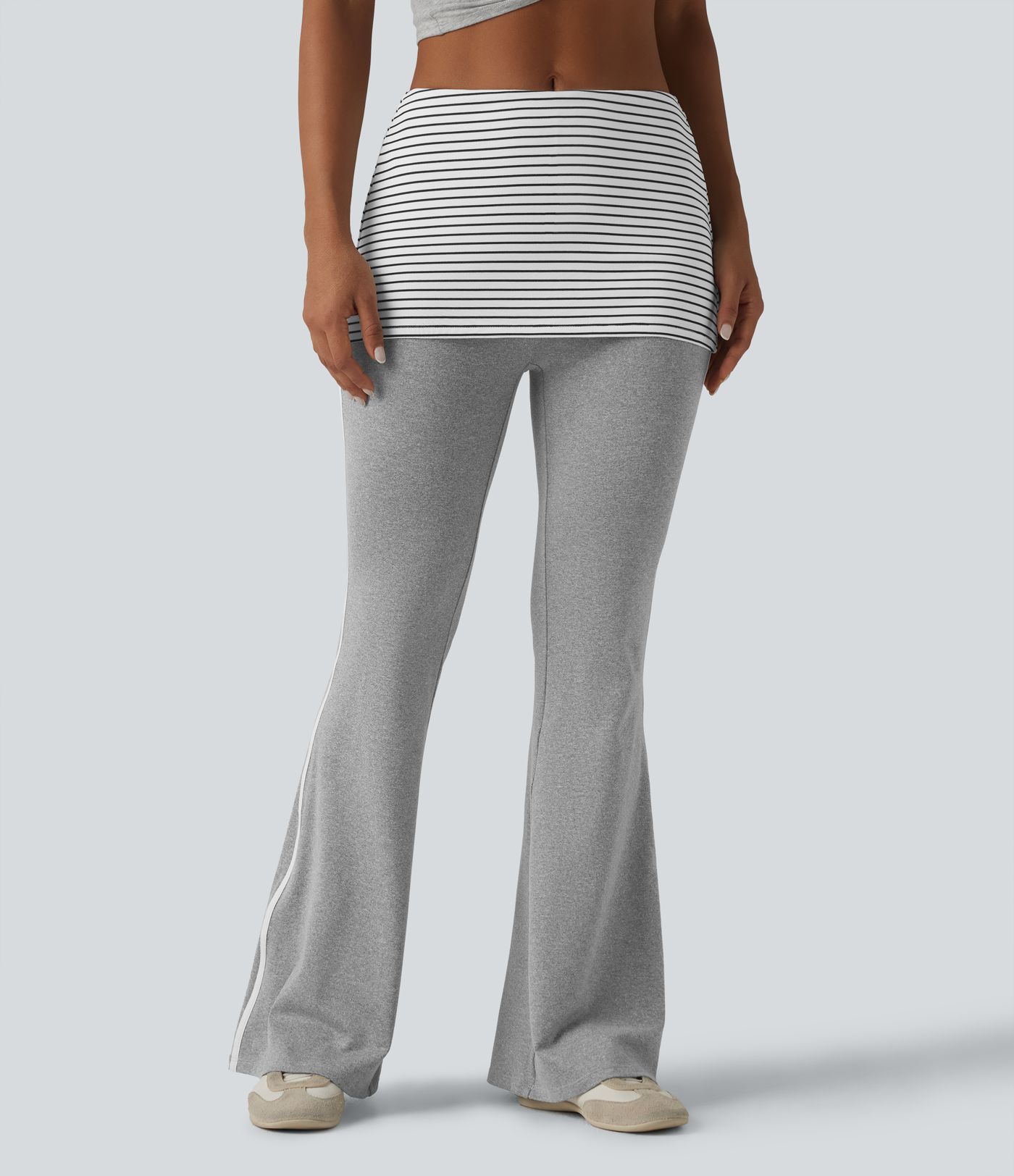 Foldover Mid Rise Stripe Flare Casual Pants