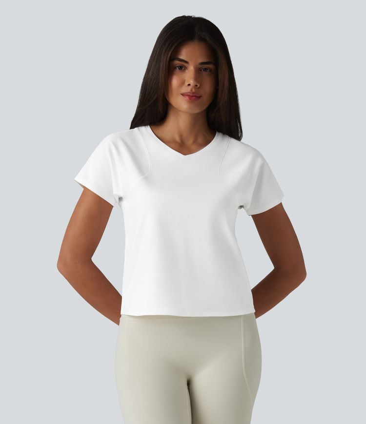 V-neck Raglan Short Sleeve Relaxed Yoga Cotton Sports Top