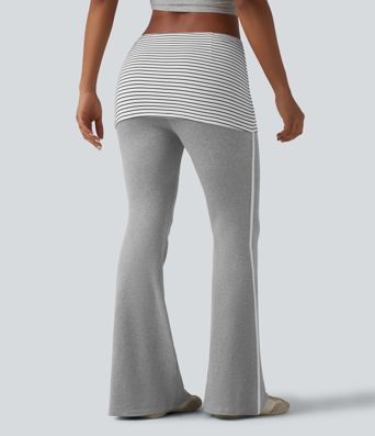 Foldover Mid Rise Stripe Flare Casual Pants