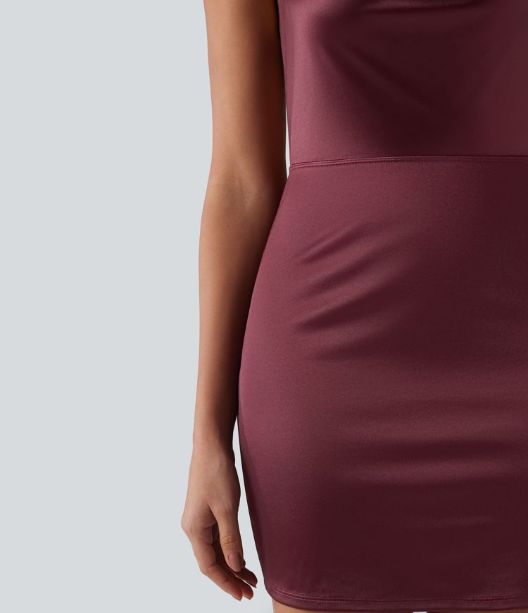 Cowl Neck Halter Backless Tie-back Bodycon Mini Party Satin Dress