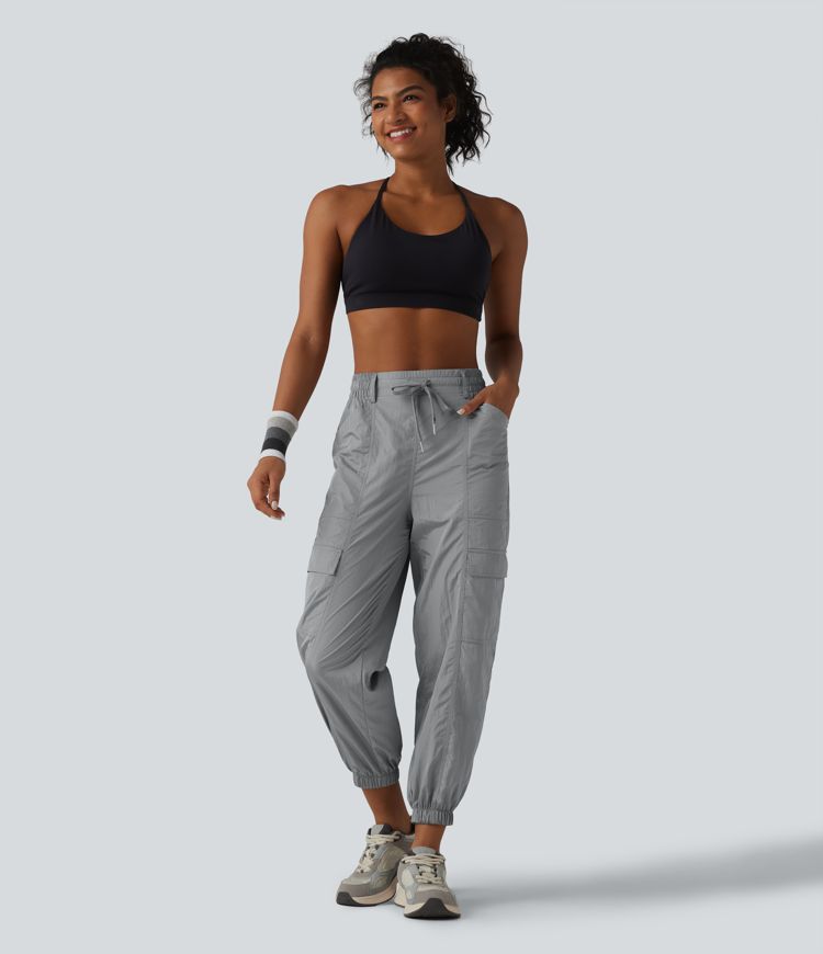 High Waisted Drawstring Tapered Workout Cargo Joggers with Pockets