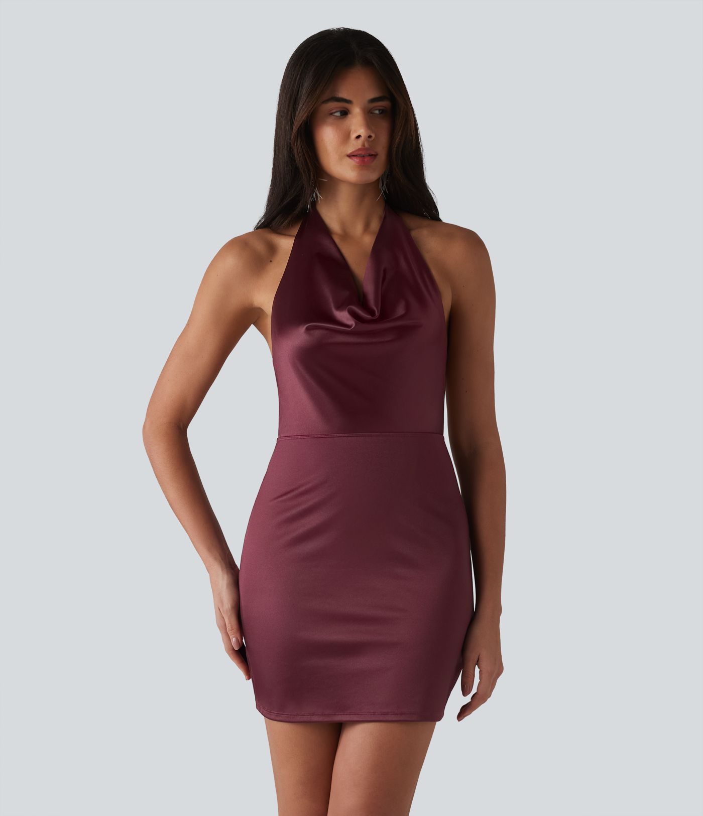 Cowl Neck Halter Backless Tie-back Bodycon Mini Party Satin Dress