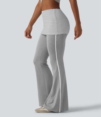 Foldover Mid Rise Stripe Flare Casual Pants