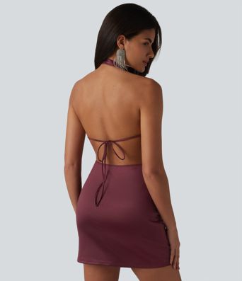 Cowl Neck Halter Backless Tie-back Bodycon Mini Party Satin Dress