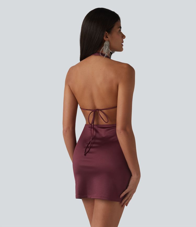 Cowl Neck Halter Backless Tie-back Bodycon Mini Party Satin Dress