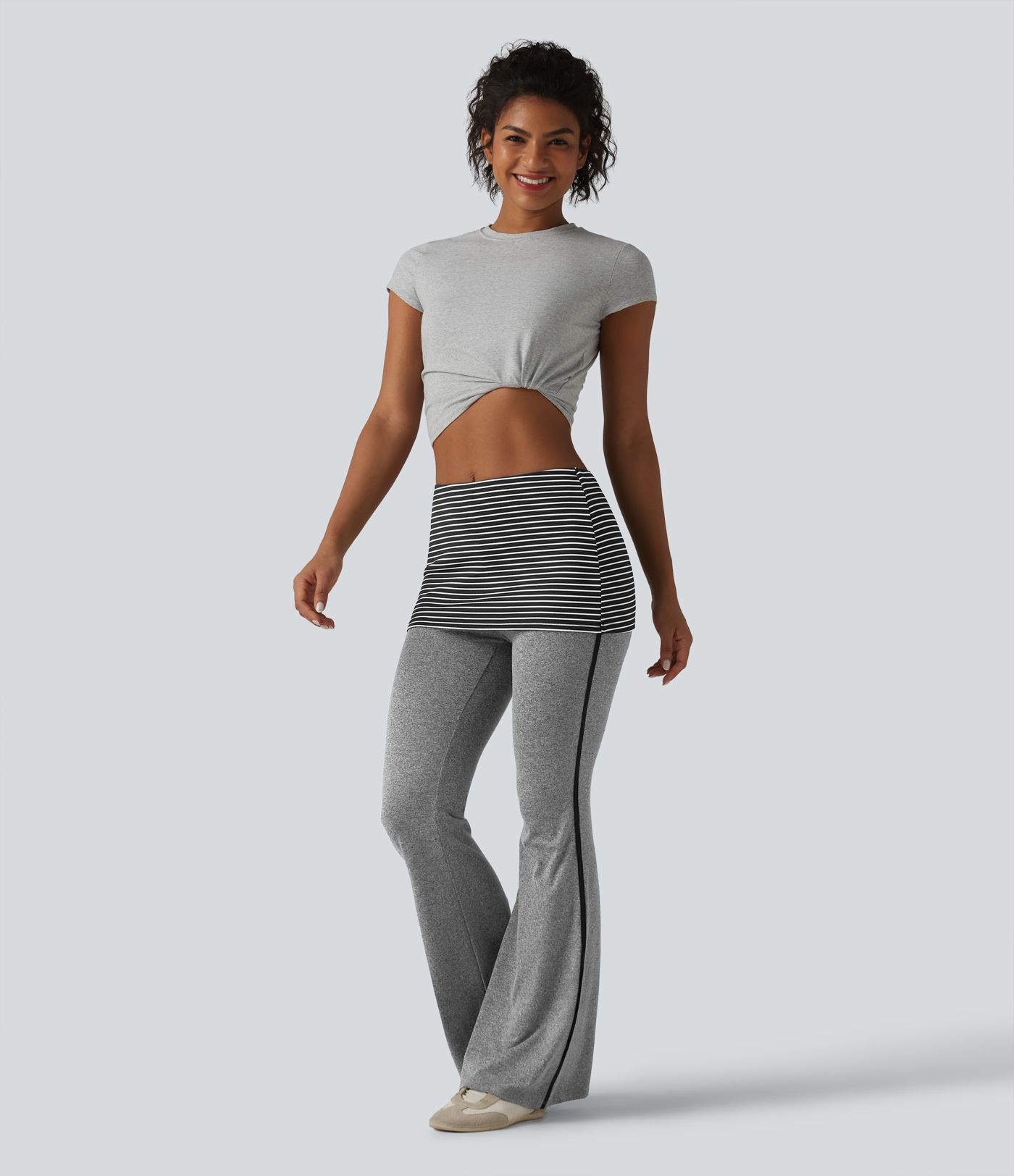 Foldover Mid Rise Stripe Flare Casual Pants