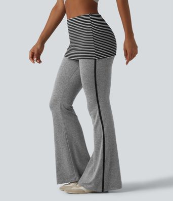 Foldover Mid Rise Stripe Flare Casual Pants