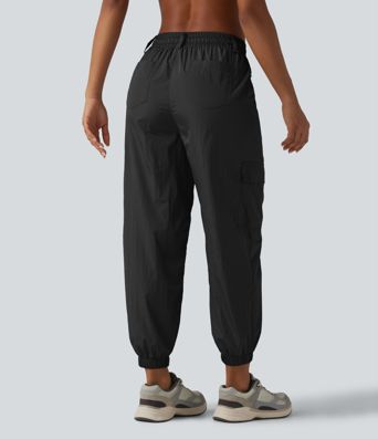 High Waisted Drawstring Tapered Workout Cargo Joggers with Pockets
