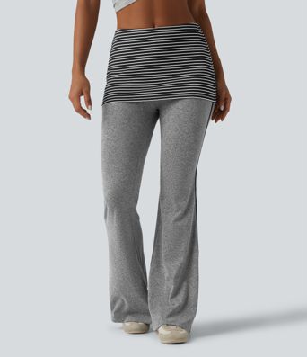 Foldover Mid Rise Stripe Flare Casual Pants
