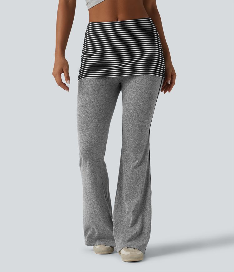 Foldover Mid Rise Stripe Flare Casual Pants