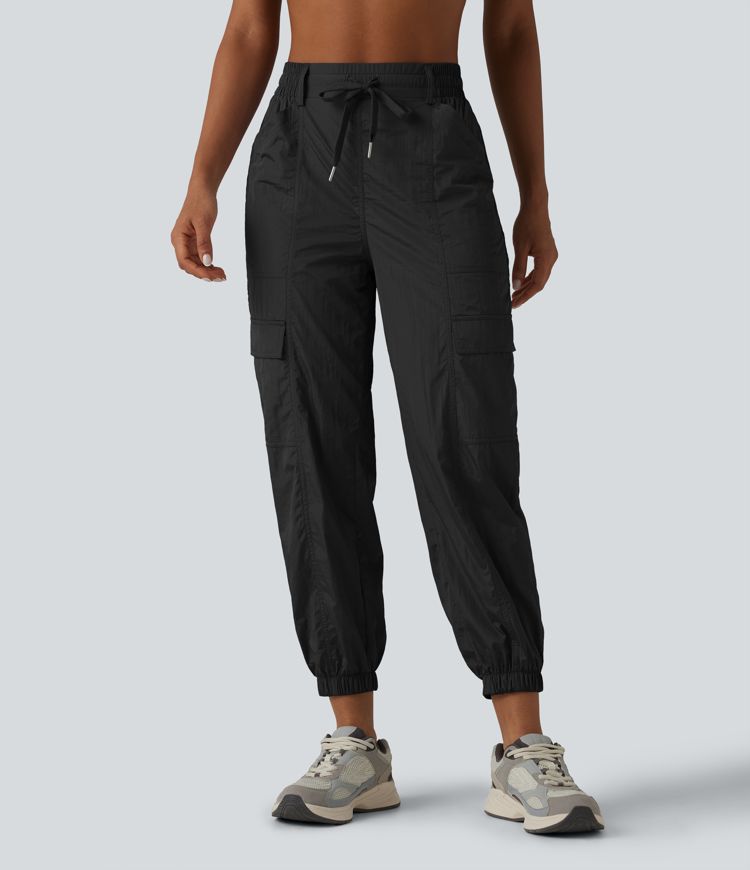 High Waisted Drawstring Tapered Workout Cargo Joggers with Pockets