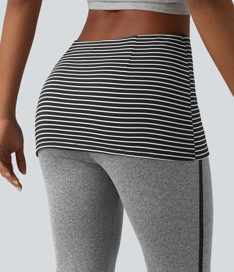 Foldover Mid Rise Stripe Flare Casual Pants