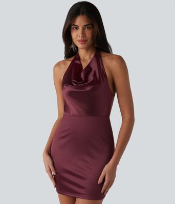 Cowl Neck Halter Backless Tie-back Bodycon Mini Party Satin Dress