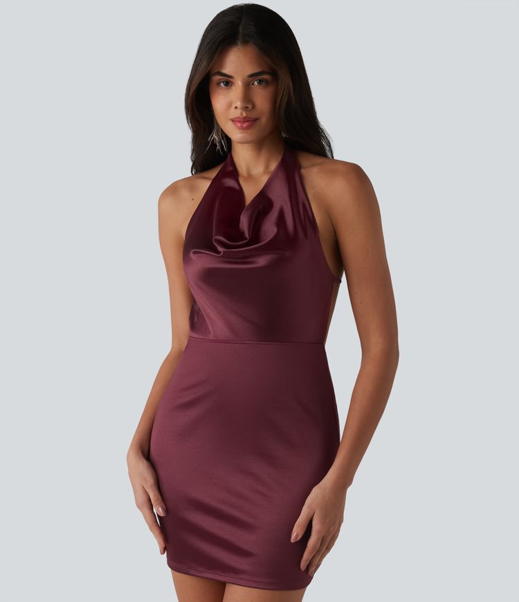 Cowl Neck Halter Backless Tie-back Bodycon Mini Party Satin Dress