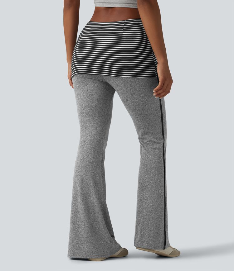 Foldover Mid Rise Stripe Flare Casual Pants