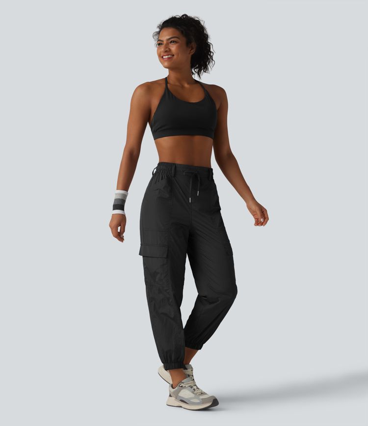 High Waisted Drawstring Tapered Workout Cargo Joggers with Pockets