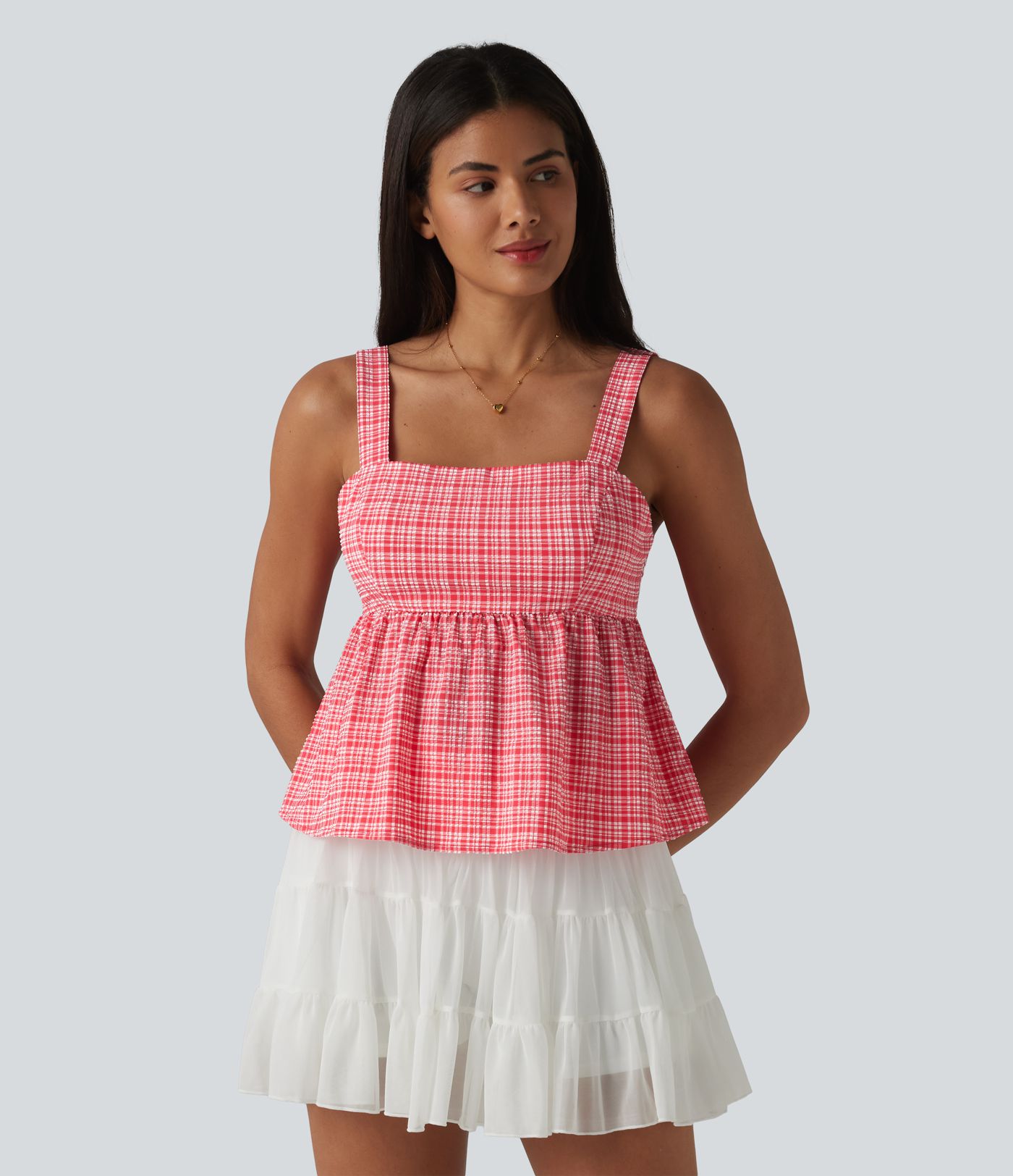 Square Neck Tie Back Plaid Quick Dry Casual Tank Top