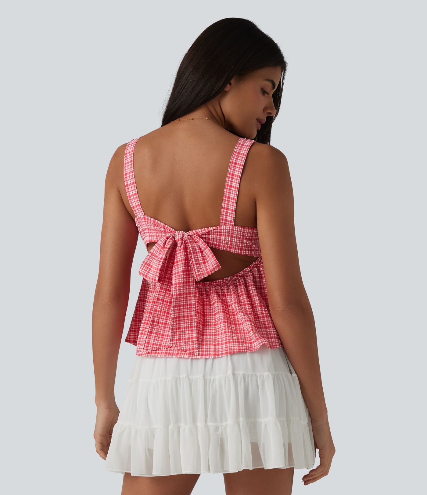 Square Neck Tie Back Plaid Quick Dry Casual Tank Top