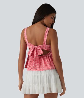 Square Neck Tie Back Plaid Quick Dry Casual Tank Top