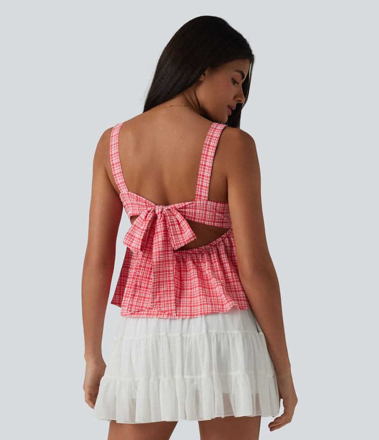 Square Neck Tie Back Plaid Quick Dry Casual Tank Top