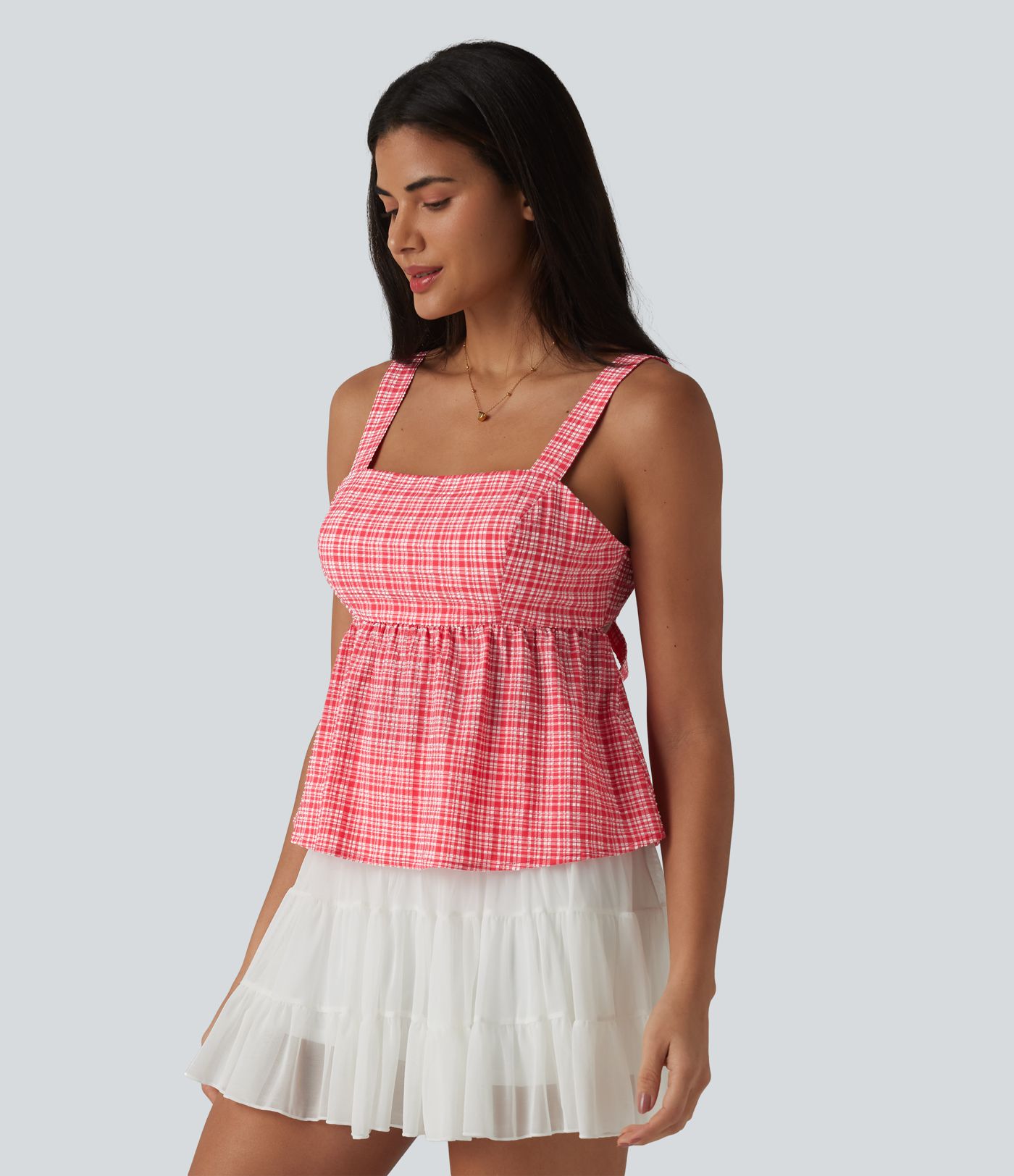 Square Neck Tie Back Plaid Quick Dry Casual Tank Top