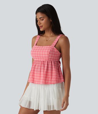 Square Neck Tie Back Plaid Quick Dry Casual Tank Top