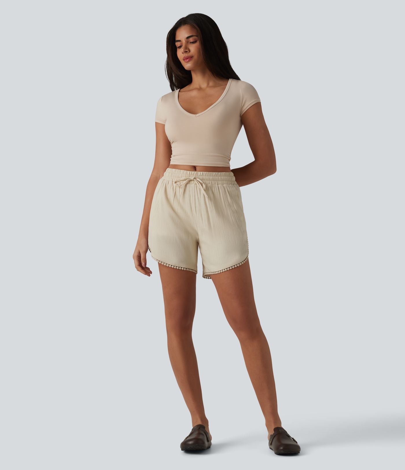 Mid Rise Drawstring Contrast Fringe Curved Hem 2-in-1 Casual Shorts