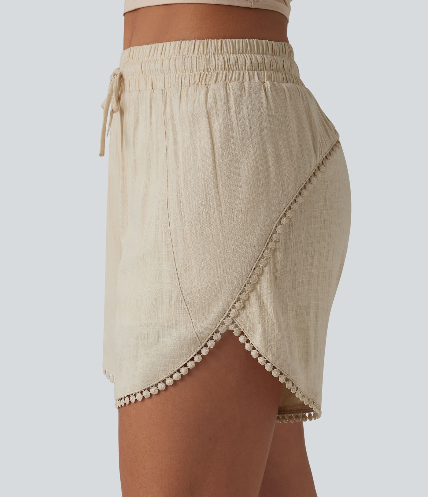 Mid Rise Drawstring Contrast Fringe Curved Hem 2-in-1 Casual Shorts