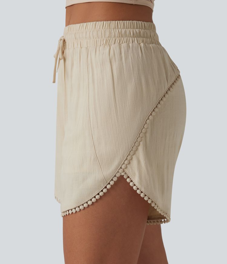 Mid Rise Drawstring Contrast Fringe Curved Hem 2-in-1 Casual Shorts