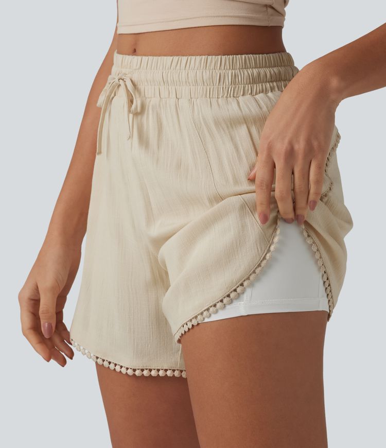 Mid Rise Drawstring Contrast Fringe Curved Hem 2-in-1 Casual Shorts