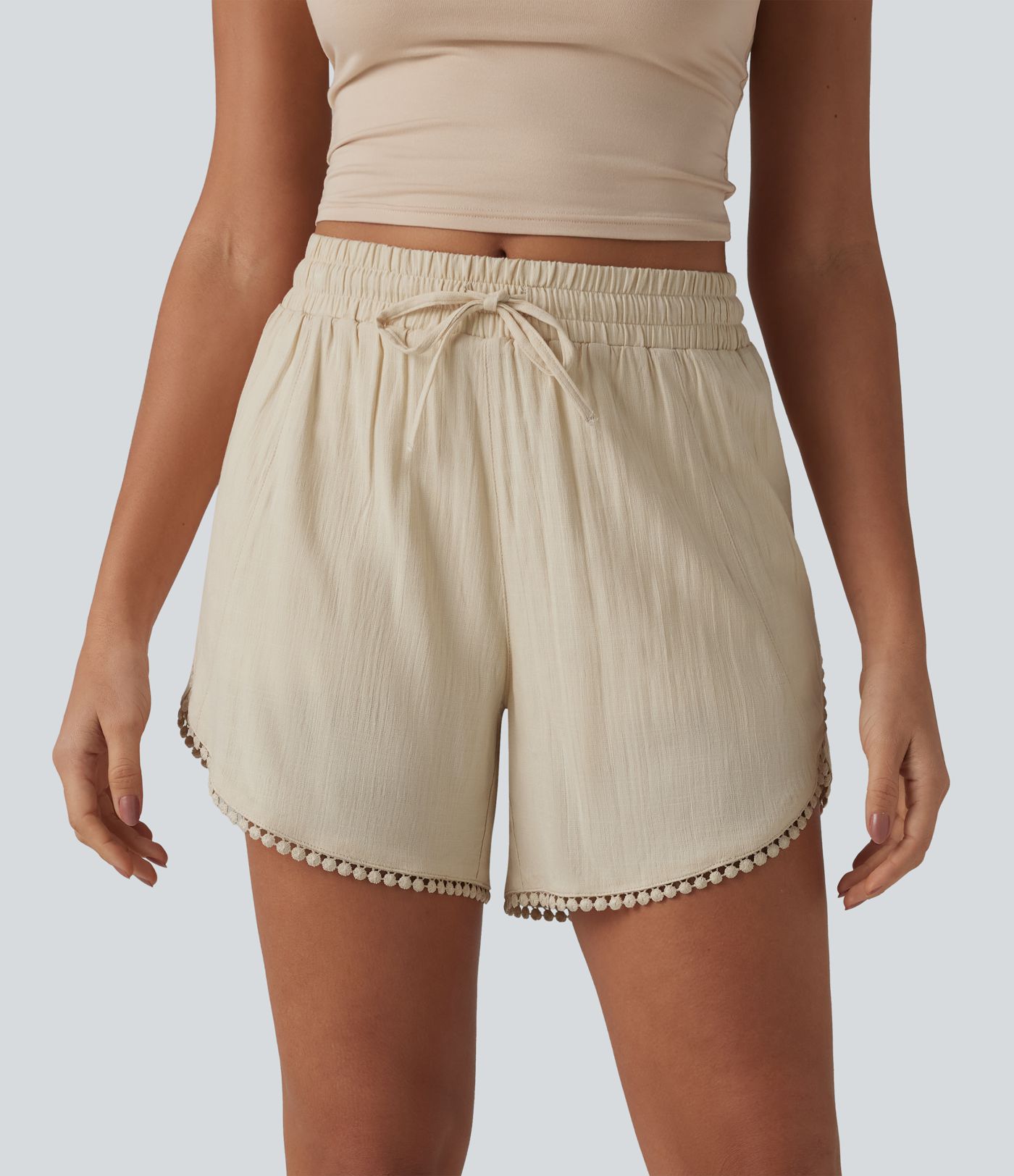 Mid Rise Drawstring Contrast Fringe Curved Hem 2-in-1 Casual Shorts