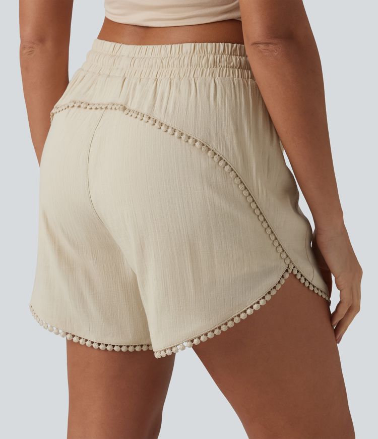 Mid Rise Drawstring Contrast Fringe Curved Hem 2-in-1 Casual Shorts