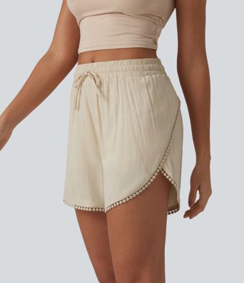 Mid Rise Drawstring Contrast Fringe Curved Hem 2-in-1 Casual Shorts