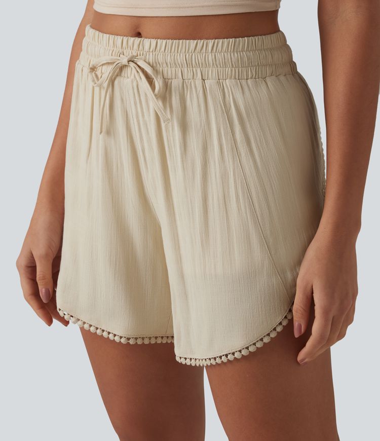 Mid Rise Drawstring Contrast Fringe Curved Hem 2-in-1 Casual Shorts