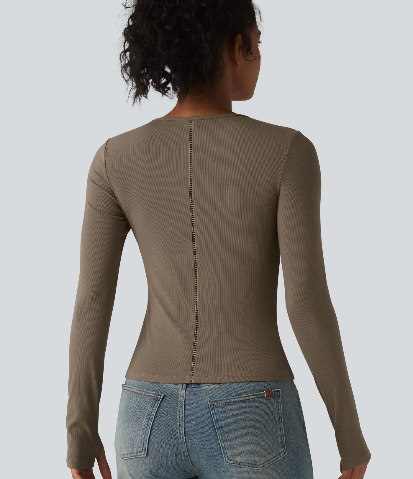 Ribbed Knit Round Neck Long Sleeve Thumb Holes Cut-out Casual T-Shirt