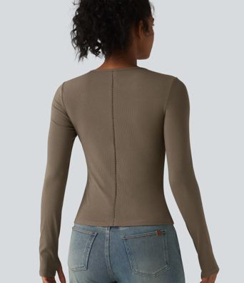 Ribbed Knit Round Neck Long Sleeve Thumb Holes Cut-out Casual T-Shirt