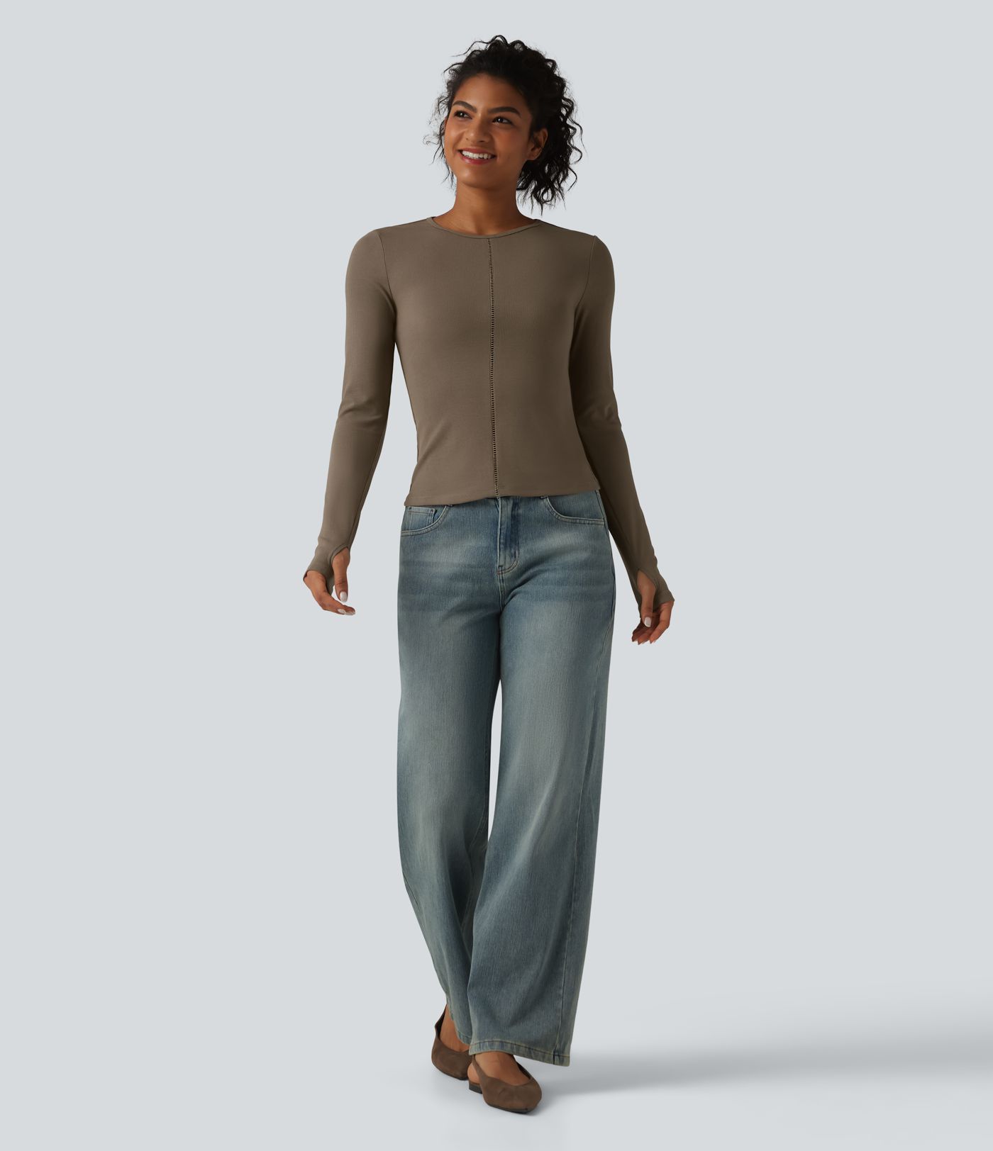 Ribbed Knit Round Neck Long Sleeve Thumb Holes Cut-out Casual T-Shirt