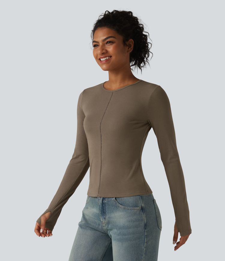 Ribbed Knit Round Neck Long Sleeve Thumb Holes Cut-out Casual T-Shirt