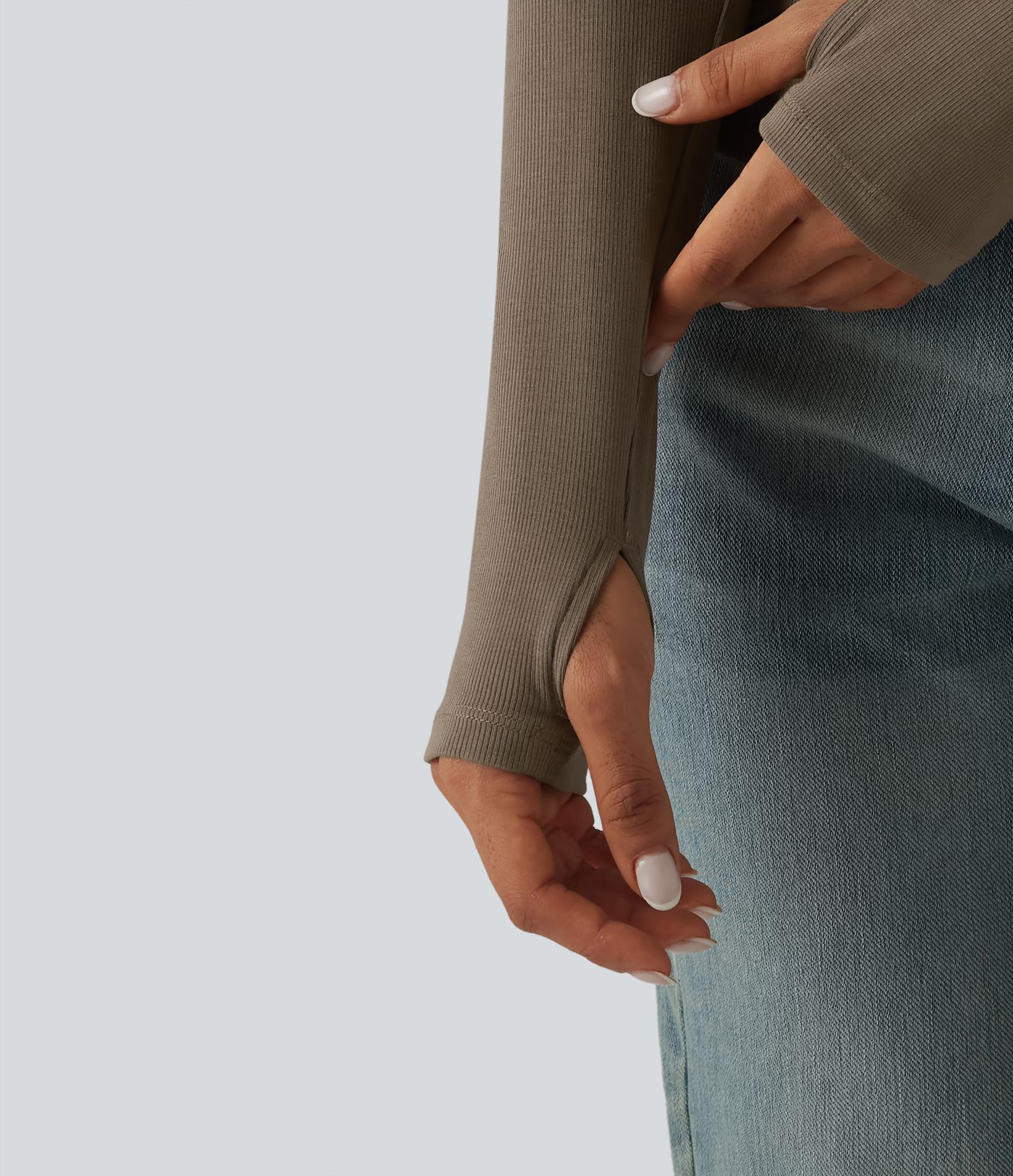 Ribbed Knit Round Neck Long Sleeve Thumb Holes Cut-out Casual T-Shirt