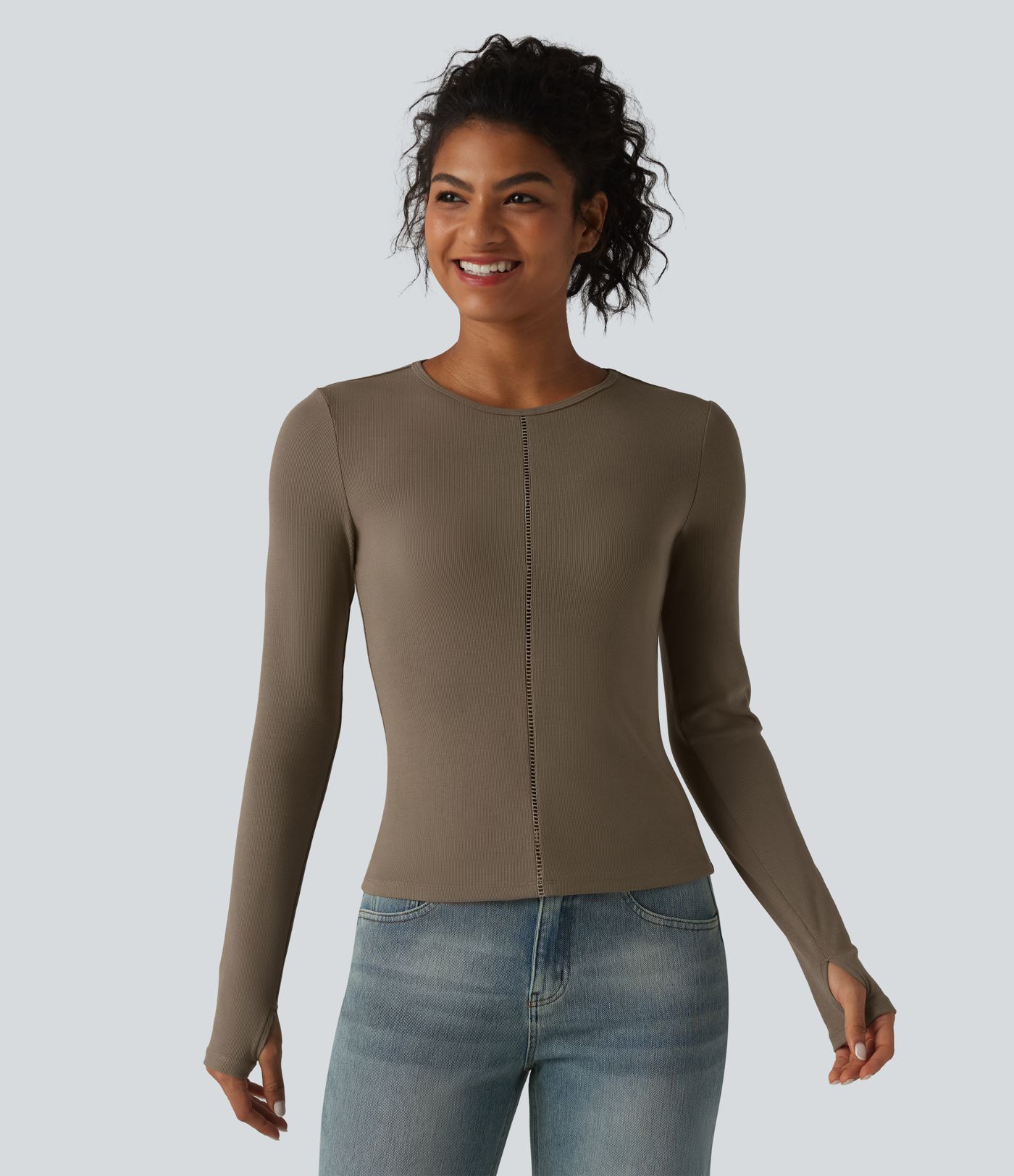 Ribbed Knit Round Neck Long Sleeve Thumb Holes Cut-out Casual T-Shirt