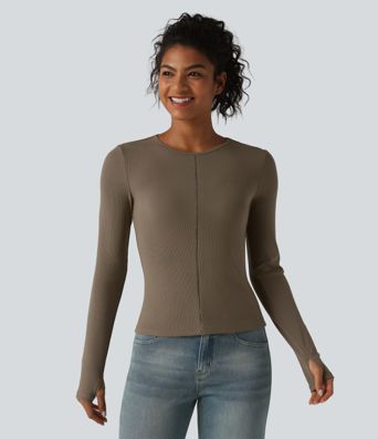 Ribbed Knit Round Neck Long Sleeve Thumb Holes Cut-out Casual T-Shirt