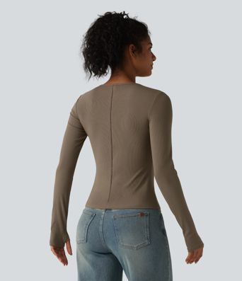 Ribbed Knit Round Neck Long Sleeve Thumb Holes Cut-out Casual T-Shirt