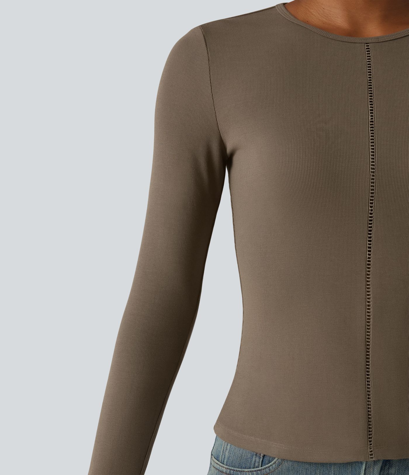 Ribbed Knit Round Neck Long Sleeve Thumb Holes Cut-out Casual T-Shirt