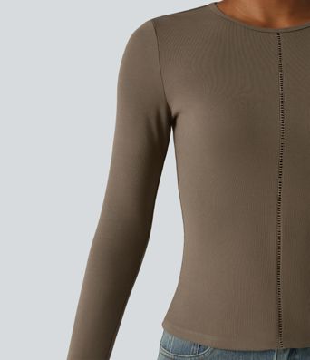 Ribbed Knit Round Neck Long Sleeve Thumb Holes Cut-out Casual T-Shirt